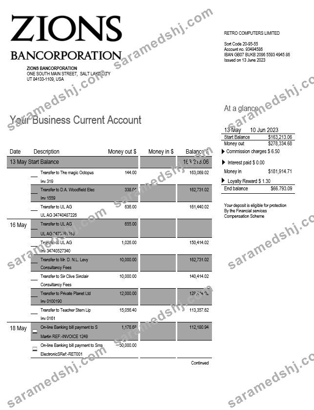 Zions Bancorporation Bank business checking account statement Word and PDF template